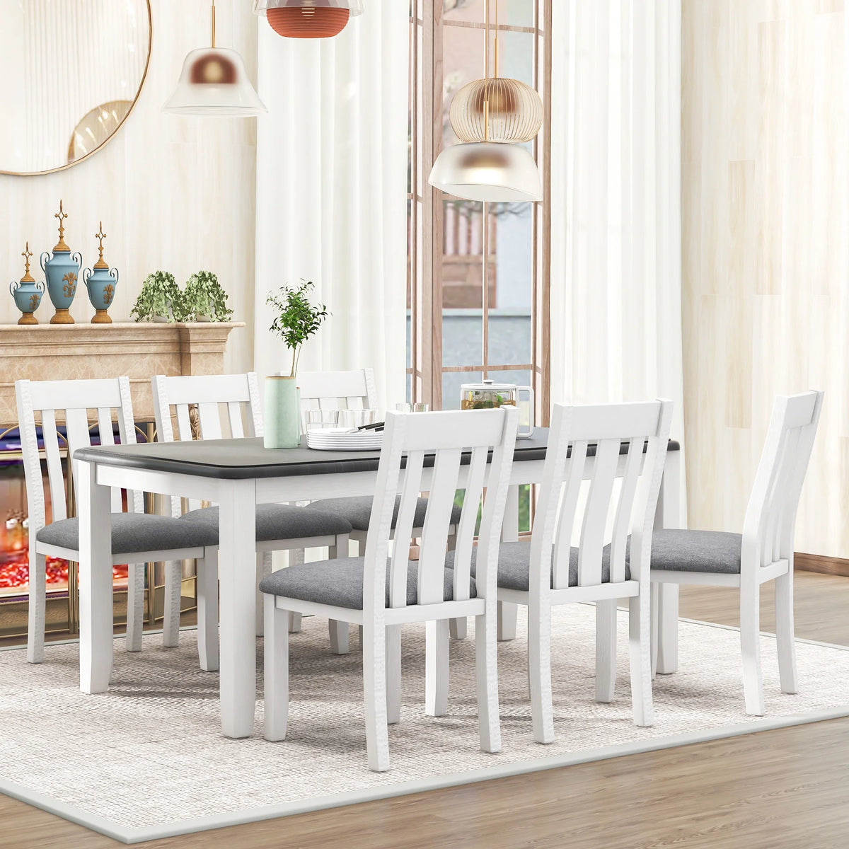 EUROCO 7 Piece Solid Wood Dining Set,70" Dining Room Table Set with Extendable Table,Removable Leaf and 6 Upholstered Ergonomically Desiged Chairs,Rectangle Dining Table Set for 6-8