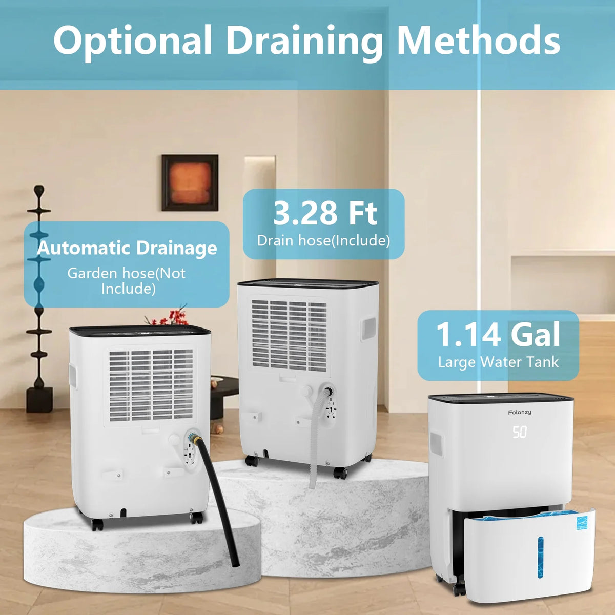 Folanzy 80 Pints Smart Dehumidifier for Home Basement Large Room Spaces up to 5,200 Sq. Ft with Drain Hose and Water Tank