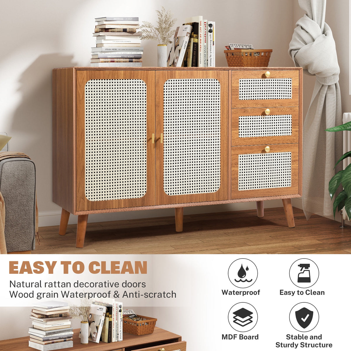 47" Rattan Buffet Sideboard with Storage, Segmart Storage Cabinet with 2 Doors and 3 Drawers, Farmhouse Coffee Bar Station Table, Modern Wood Cupboard for Kitchen, Livingroom and Dining Room