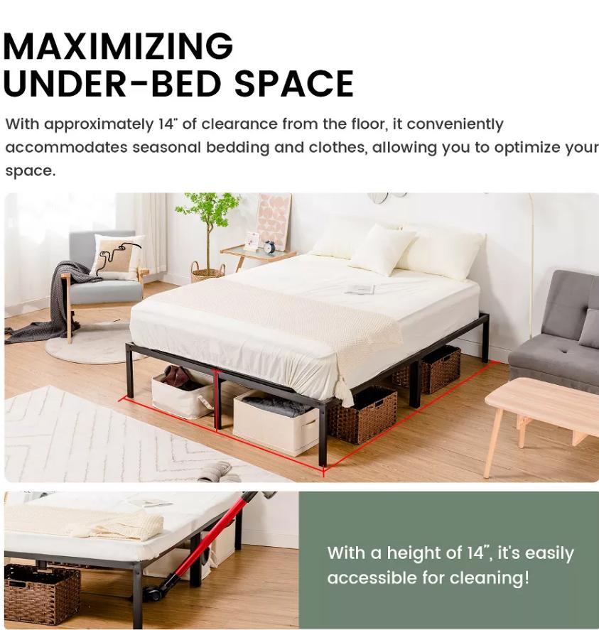 COMHOMA Metal Platform Bed Frame Heavy Duty with 14 High Under Bed Storage Space