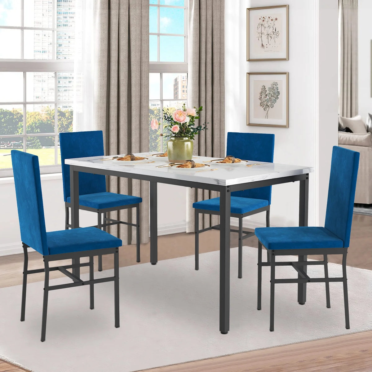 SEGMART Dining Table with 4 High-back Upholstered Chairs, Modern Dinette Set, Dining Table & Chairs Set for 4 Persons, Small Home Kitchen Dining Table Set, Ideal for Apartment Breakfast Nook