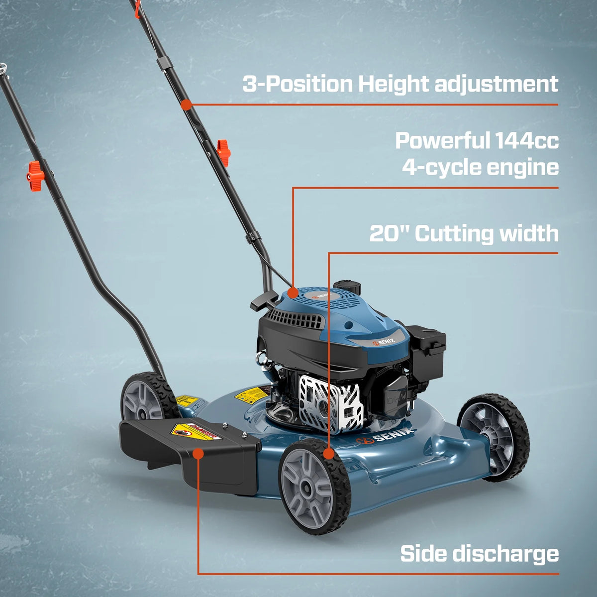 SENIX Gas Lawn mower, 20in, 144cc 4-Cycle Engine, Rear Wheel Drive, Steel Deck with Side Discharge, LSPG-L4