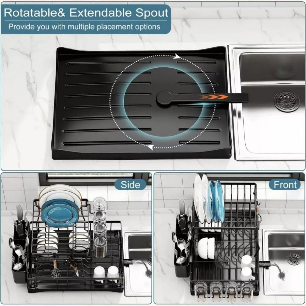 DOMETOUR Dish Racks for Kitchen Counter - Stainless Steel Dish Drying Rack with Drainboard, Detachable Dish Drainers with Utensil Holders