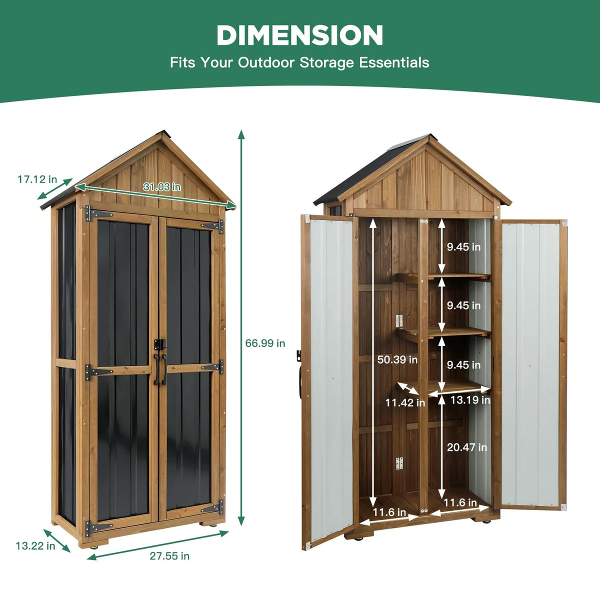 PETSCOSSET Outdoor Storage Cabinet – Weatherproof Wood & Metal Storage Shed with Adjustable Shelf, Lockable Doors, and Stability Features for Garden, Patio, and Backyard