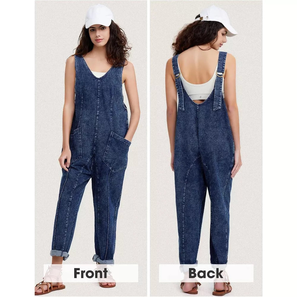 EXLURA Womens High Roller Denim Bib Jumpsuits Casual Loose Overalls Baggy Jeans Romper with Pockets Outfits