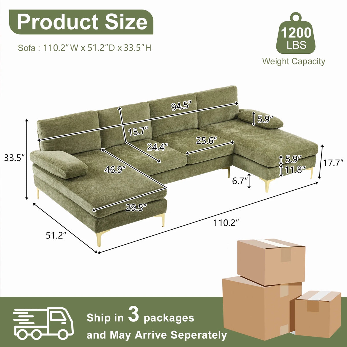 Ktaxon Sectional Sofa Set, 110" U-Shaped Chenille Couch, 4 Seat Lounge Sleeper with Double Chaise for Living Room Green