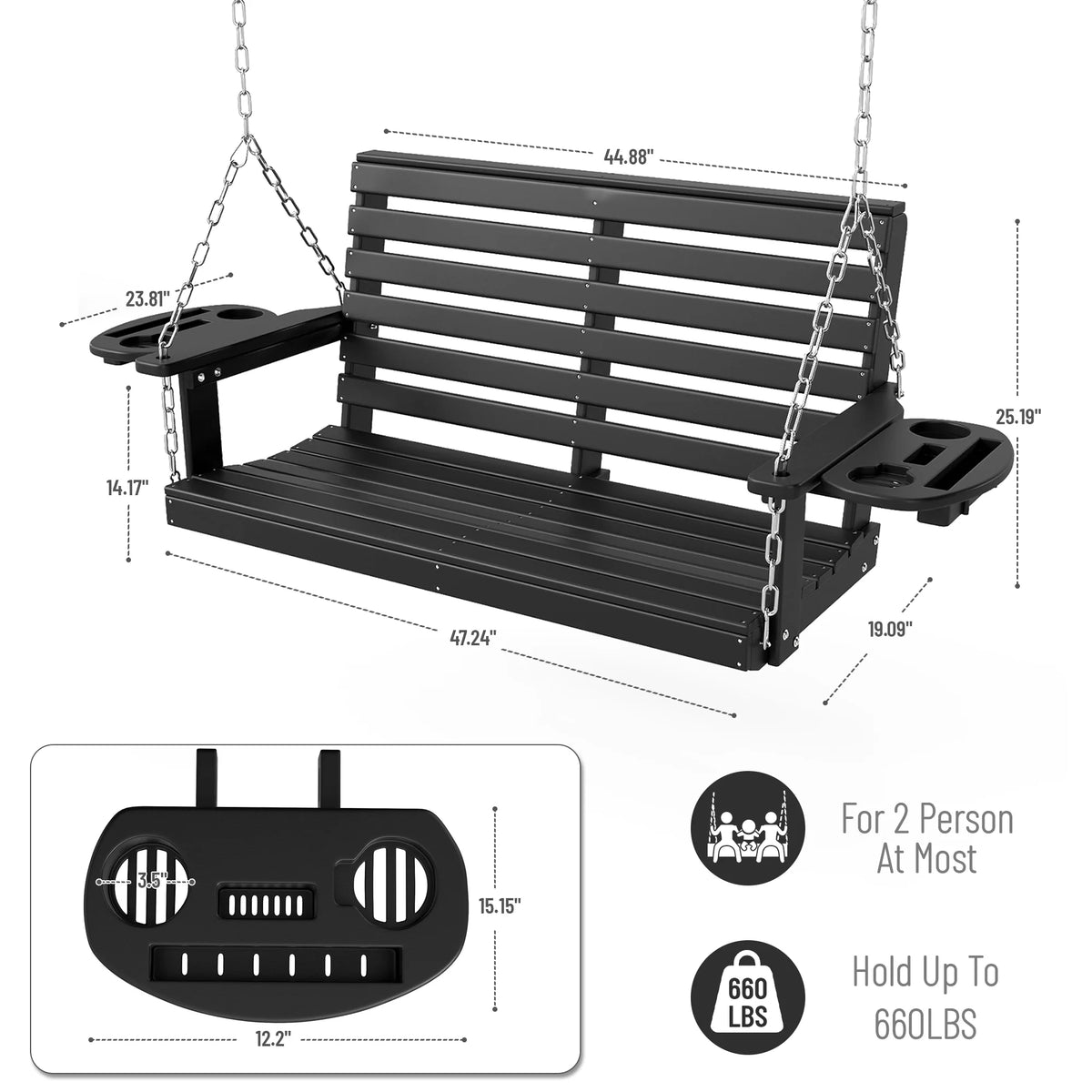 FOOWIN Outdoor Porch Swing, HDPE Patio Hanging Porch Swing with Cup Holder, Black