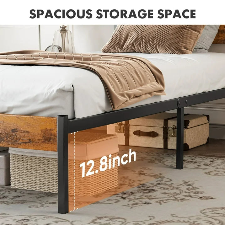 EDX Twin Size Metal Bed Frame with Industrial Wooden Headboard, Ample Storage, Noise-Free Design, Sturdy Steel Slat Support, Rustic Brown