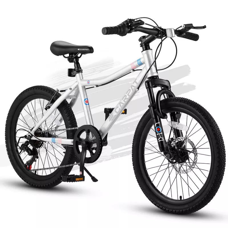 BestParts 20 Inch Kids Mountain Bike, 7-Speed Bicycle with Front Suspension, Disc & V Brake, for Teens Age 8–12, White Steel Frame