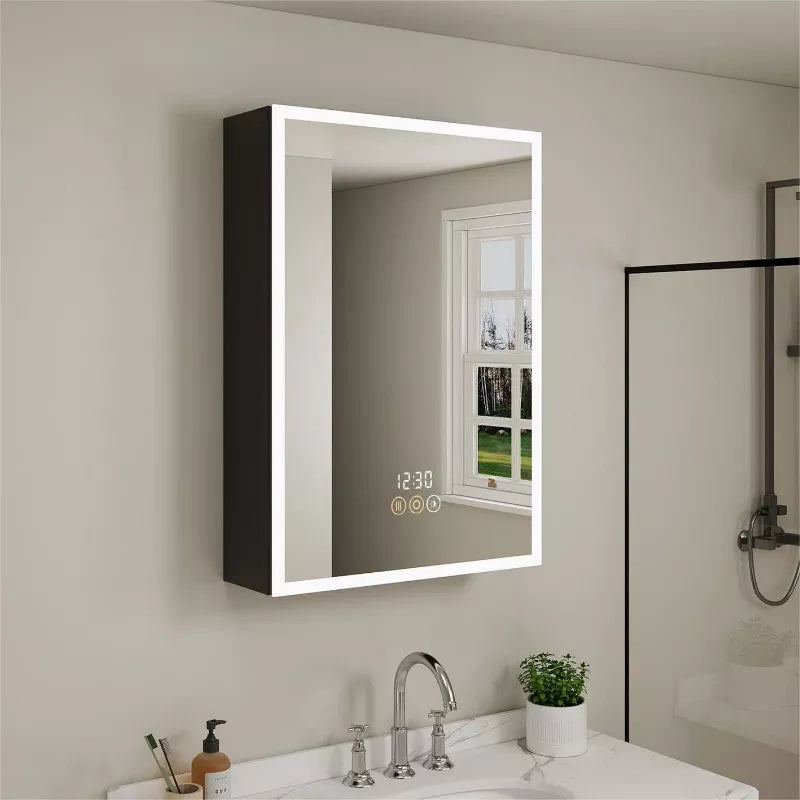 HBEZON Medicine Cabinet with Mirrors and Lights, Recess/Wall Mount Bathroom Cabinet, 3 Mode Light, Dimmable, Sensor Light, Defogger, Clock Temp, Black