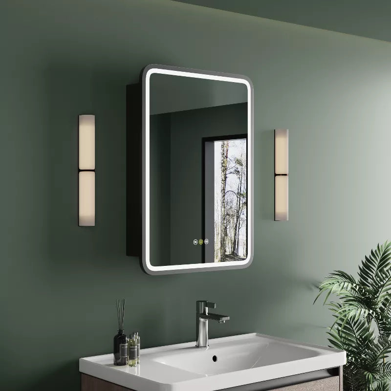 HBEZON Medicine Cabinet with Mirrors and Lights, Recess/Wall Mount Bathroom Cabinet, 3 Mode LED Lights, Anti Fog, Dimmable, Memory Function