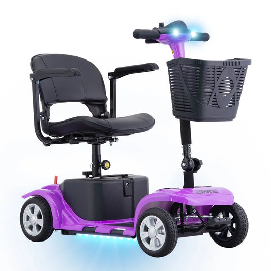 4 Wheels Mobility Scooter for Adults, Senior Electric Powered Chargeable Device for Travel, Lightweight and Portable, with LED Headlights and Basket, Charger Included (Purple)