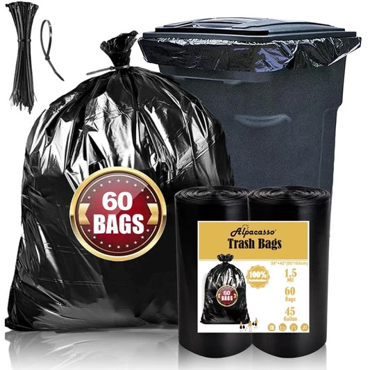 40-45 Gallon Trash Bags, 1.5Mil, Black Heavy Duty Garbage Can Liners 36'' x 44'' (60 Count)
