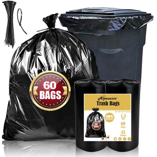 40-45 Gallon Trash Bags, 1.5Mil, Black Heavy Duty Garbage Can Liners 36'' x 44'' (60 Count)