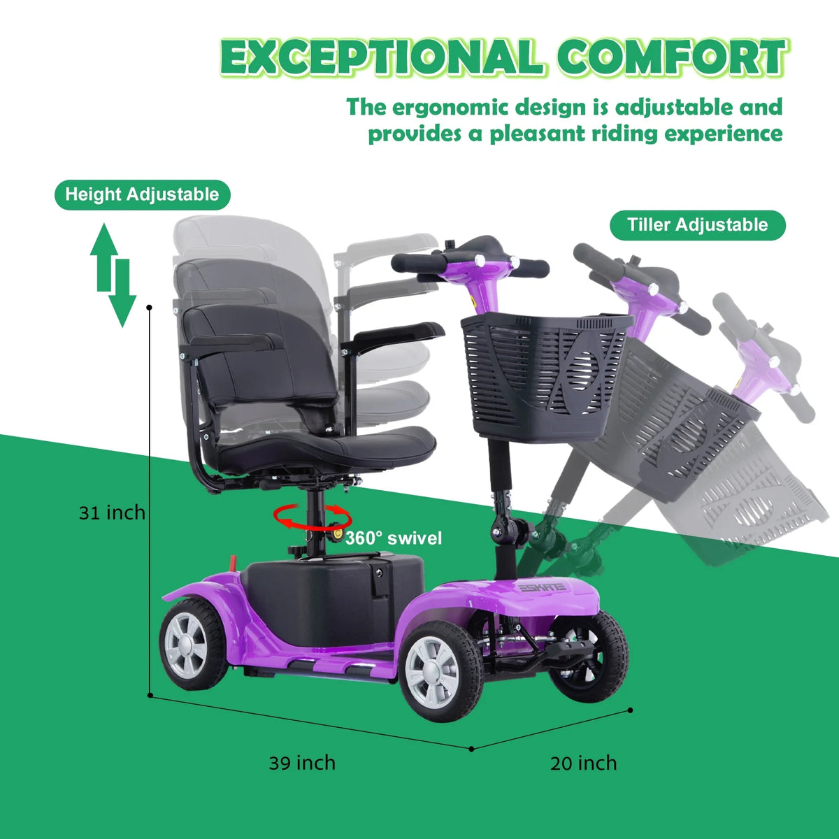 4 Wheels Mobility Scooter for Adults, Senior Electric Powered Chargeable Device for Travel, Lightweight and Portable, with LED Headlights and Basket, Charger Included (PURPLE)