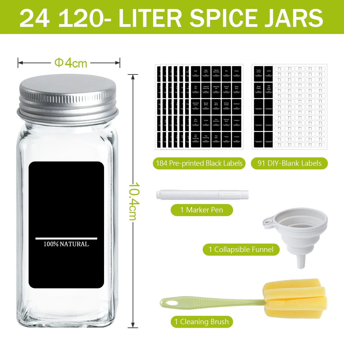 Luxvie 24 Pcs Glass Spice Jars with Labels 4 oz Empty Square Spice Containers with Airtight Metal Caps with Shaker Lids