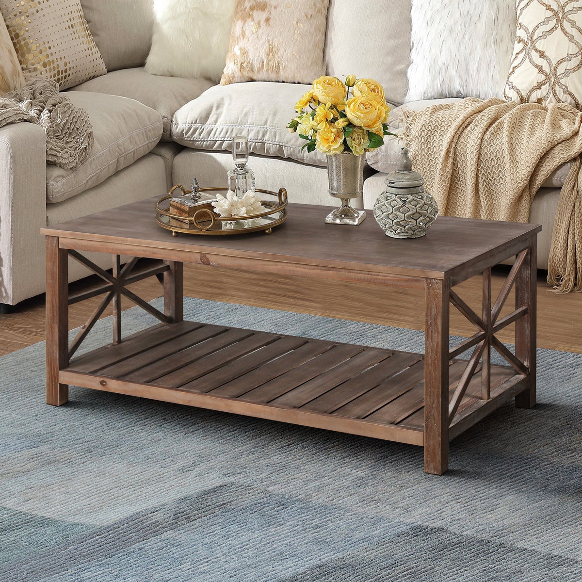 47 Modern Coffee Table with Storage Shelf, Farmhouse Rectangle Living Room Center Table for Small Spaces