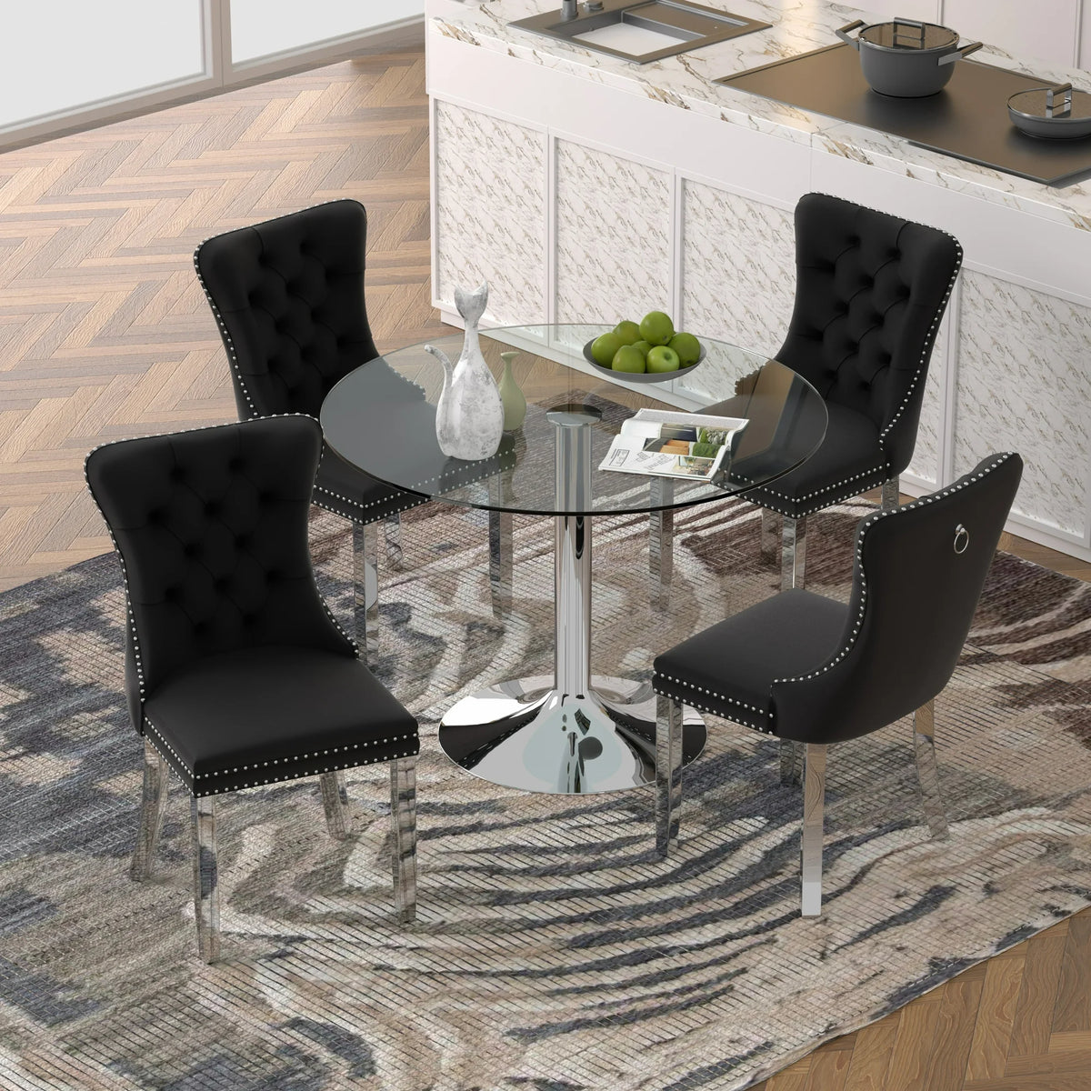 47" Modern Round Bar Style Dining Table Set with 4 Velvet Upholstered Chairs,Silver Leg Glass Table with 4 Black Chairs with Silver Leg