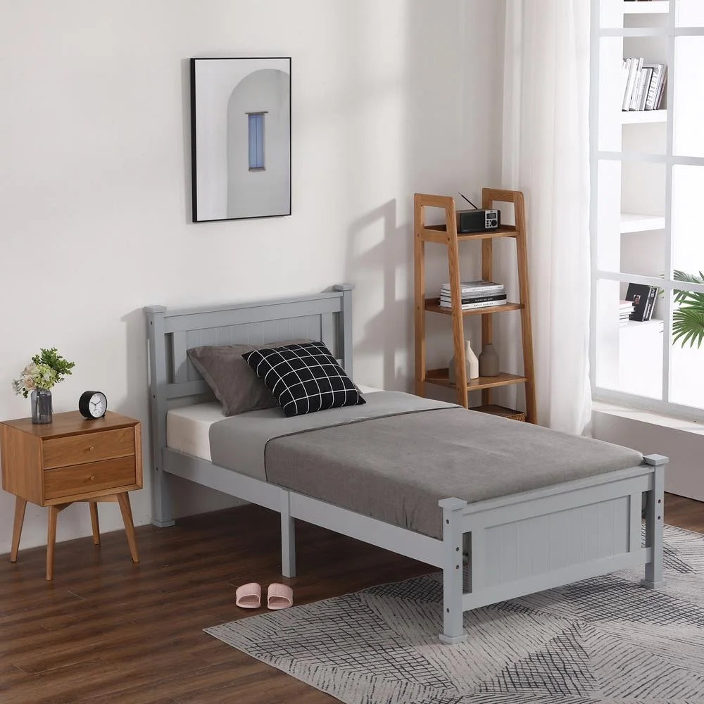 Ktaxon Twin Bed Frame,Solid Pine Wood Twin Platform Bed Frame, Bedroom Twin Bed with Headboard for Adults, Gray, 75.04"L*38.98"W*37.8"H