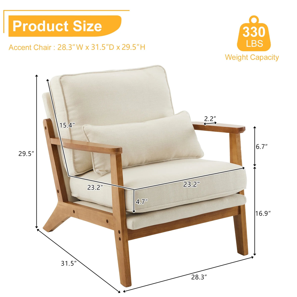 Zimtown Arm Chair, Modern Walnut Oak Accent Chair, Upholstered Cotton Linen Single Chair, Milky White