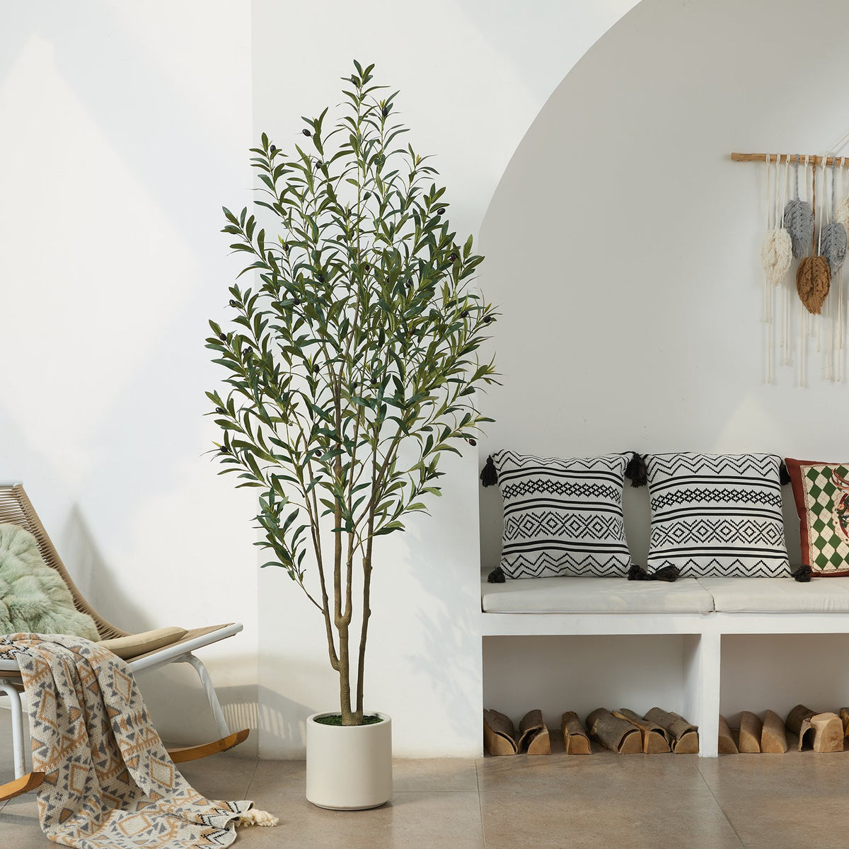 Artificial Olive Trees Indoor, 6FT Tall Faux Olive Tree with White Tall Planter, Artificial Plants with Muti Trunk and Lifelike Fruits for Home Office Decor