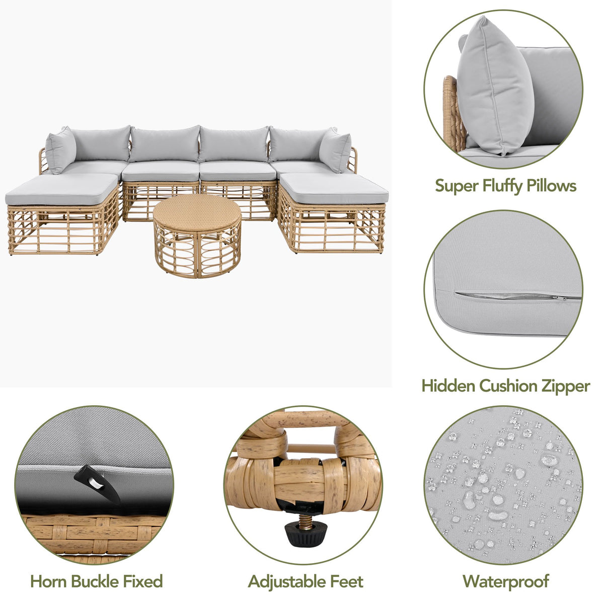 Segmart 7 Pieces Outdoor Patio Furniture, All-Weather Rattan Sectional Sofa Set with Thick Cushions and Pillows, Freely Combined Conversation Sets for Garden, Backyard, Balcony, Gray