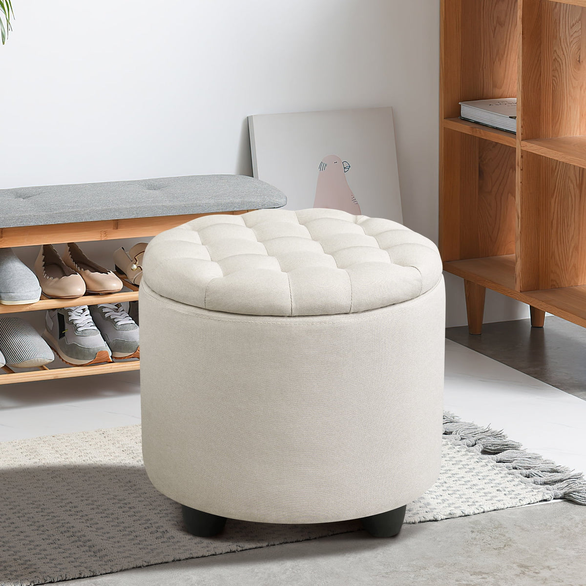 Furniliving Upholstered Round Storage Ottoman Large Tufted Ottoman with Removable Lid Footrest Stool for Living Room, Bedroom, Beige