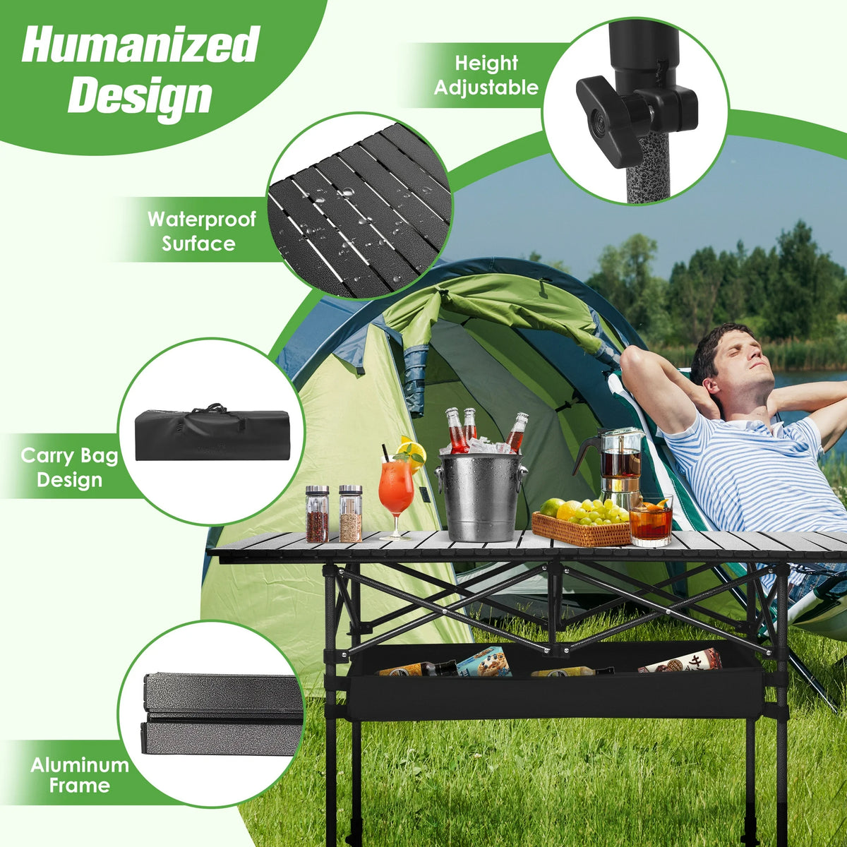 AMTPM Folding Camping Table with Aluminum Construction, Portable Table for 4-6 People,Roll-up BBQ Table with Height Adjustable, Mesh Storage Basket, Perfect for Camping/Picnics/Home Use.