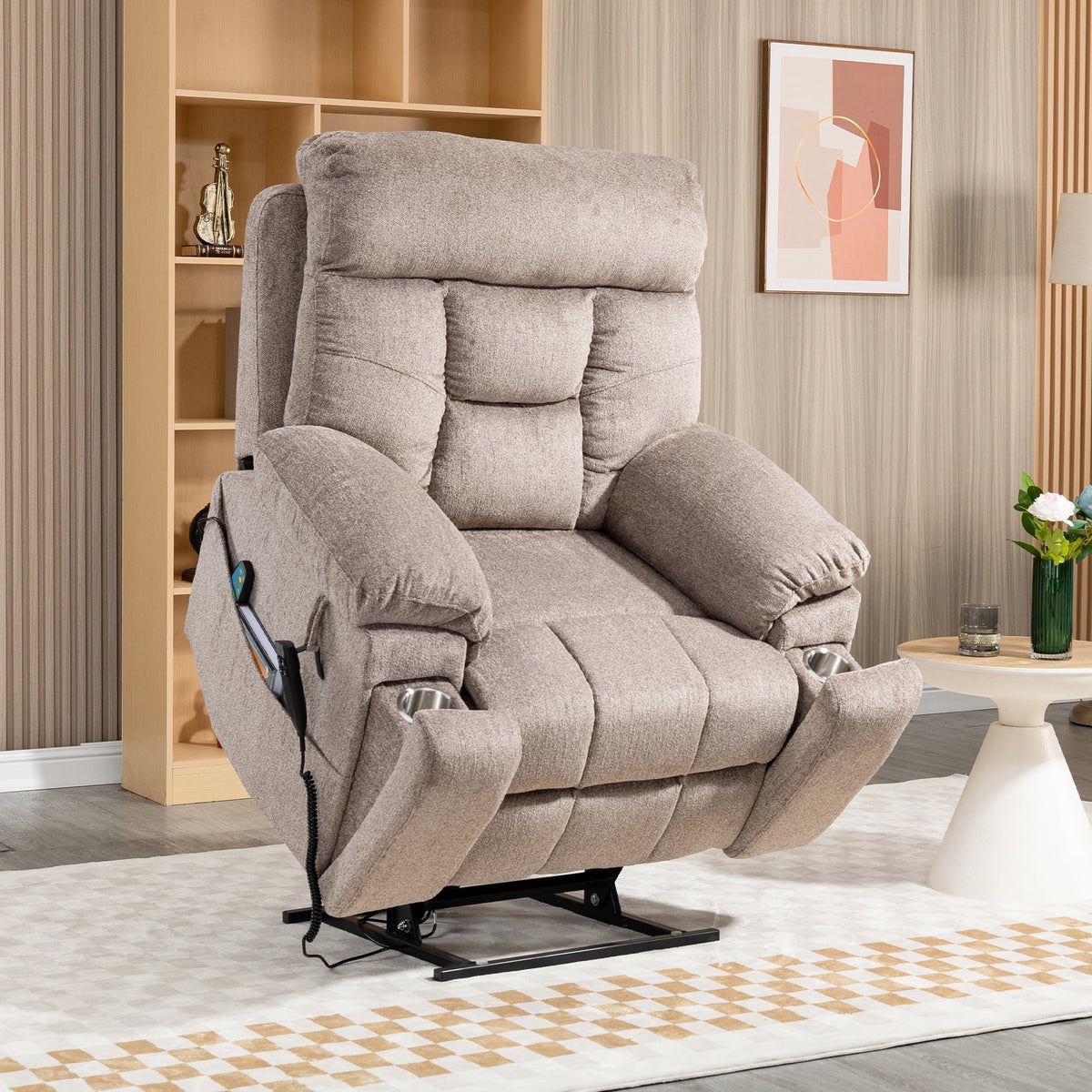 UHOMEPRO Oversized Power Lift Recliner Chair with Massage and Heat for Elderly, Large Wide Seat Recliners for Big and Tall, Safety Motion Reclining Mechanism with Hidden Cup Holder, Light Brown