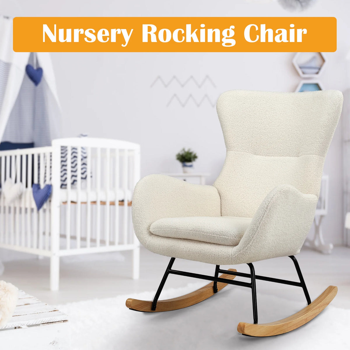 TrumanPick Nursery Rocking Chair Teddy Upholstered Glider Rocker Rocking Accent Chair with High Backrest Comfy Armchair for Living Room, White