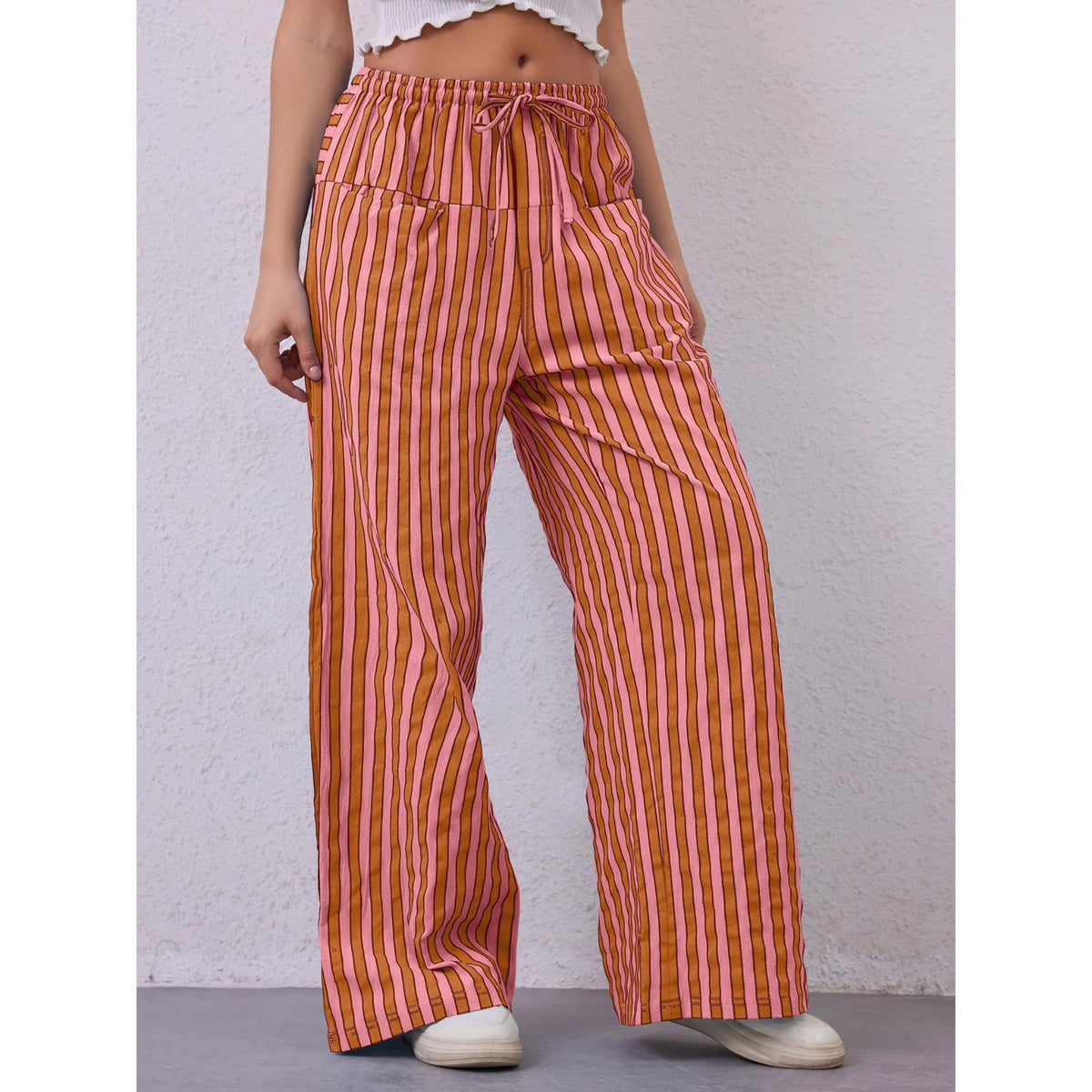 TEMOFON Womens Wide Leg Pants Drawstring Striped Trousers Loose Casual High Waist Pants Comfy gingham pants with Pockets