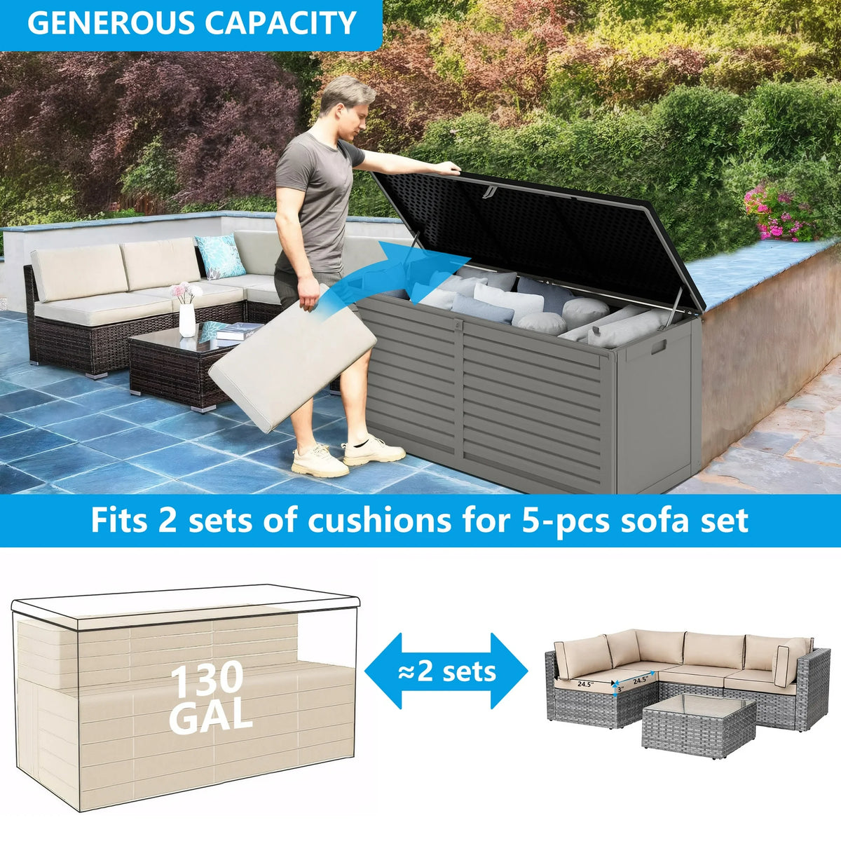 90 Gallon Resin Deck Box, Outdoor Lockable Storage Container for Patio Cushions, Garden Tools, Pool Supplies, Toys, Waterproof and UV Resistant
