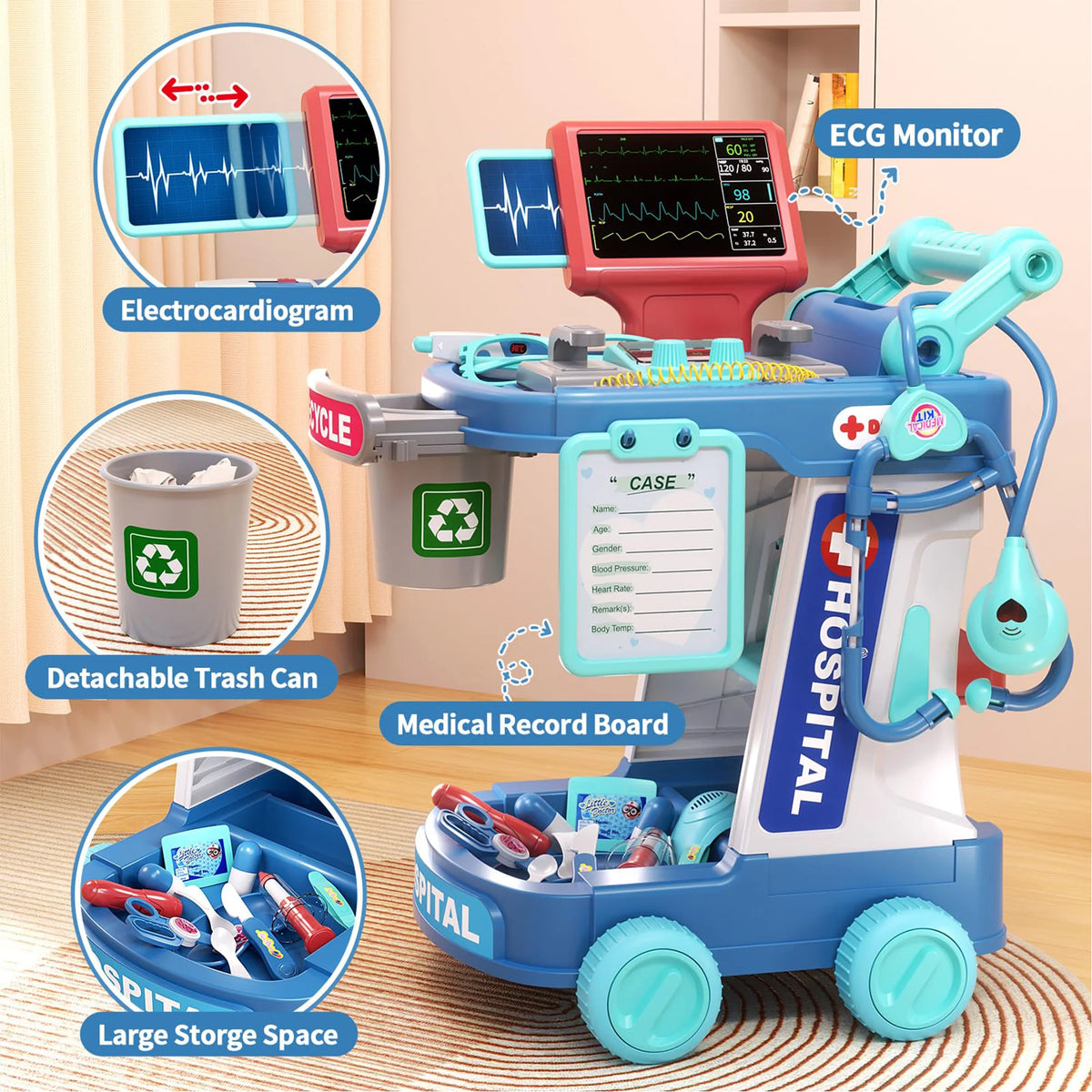 Richgv Doctor Kit for Kids, Pretend Play Doctor Set Medical Toy with Cart, Costume, Stethoscope, Role Play Doctor Kit for Boys Girls 3 4 5 Year