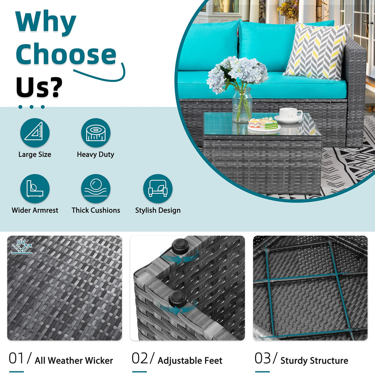 Carpet 3 Piece All-Weather Outdoor Furniture Sectional Sofa Patio Set Silver Gray Rattan Wicker with Tea Table and Cushions(Blue)