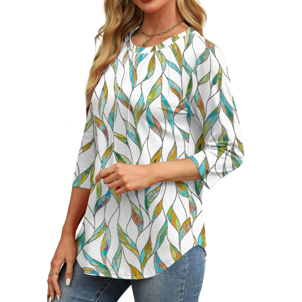 Fantaslook Womens Plus Size Tops 3/4 Sleeve Pleated Dressy Blouses Crew Neck Casual Tunic Tops Summer Shirts