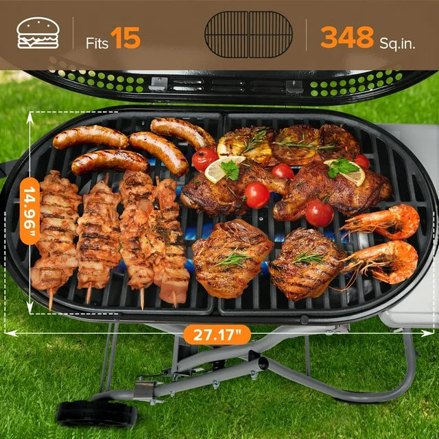 LHRIVER Portable Stand-Up Propane Grill, 15000 BTU Folding Gas Grill Cart with Side Table & 2 Wheels for Camping, Patio