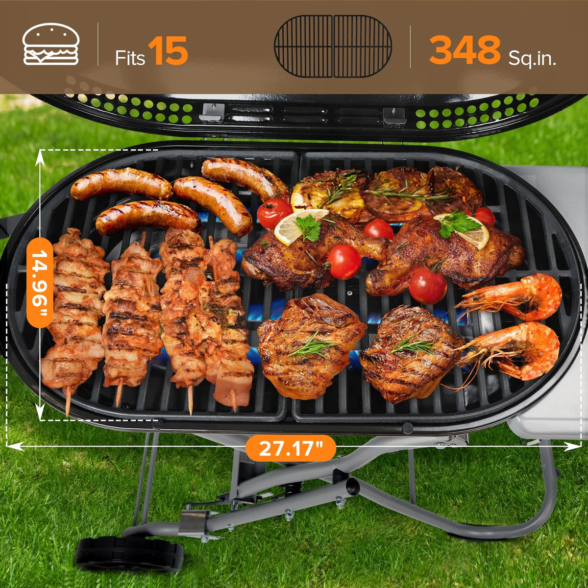 LHRIVER Portable 348 sq.in Stand-Up Propane Grill, 15000 BTU Folding Gas Grill Cart with Side Table & 2 Wheels for Camping, Patio