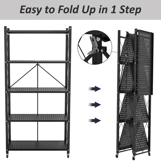 HYEASTR 5-Tier Foldable Storage Shelf with Wheels - Metal Collapsible Shelving Unit Display, Rolling Cart for Books Kitchen Storage Shelves, Pantry & Closet Organizer, Office Room Decor - Black