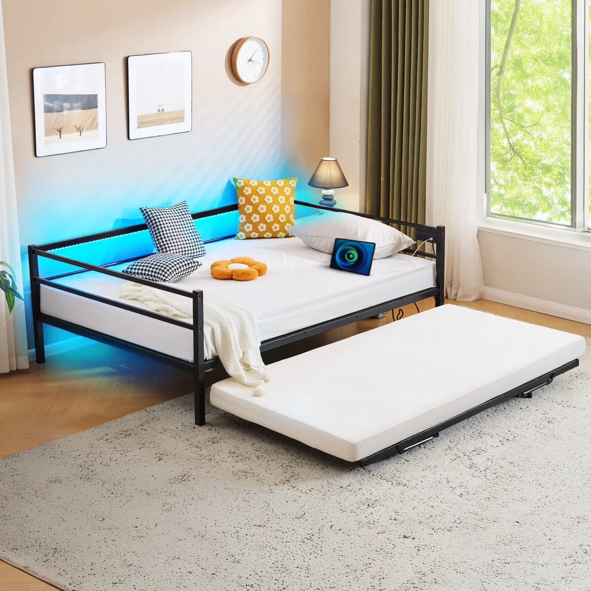 Zimtown Daybed with Trundle Included, Twin Size Metal Daybed Frame with Pull out Trundle Bed, No Box Spring Needed,Black