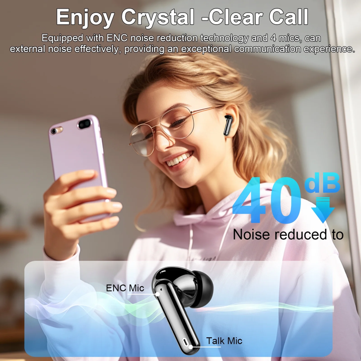 Wireless Earbuds, Bluetooth Headphones 5.4 HiFi Stereo, Wireless Earphones with ENC Noise Cancelling Mic, IP7 Waterproof in Ear Wireless Headphones, LED Digital Display Ear Buds, Touch Control, Black