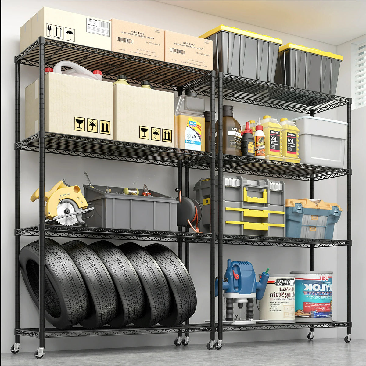 Ktaxon 4 Tier Wire Shelving with Wheels, 46"W x 17.7"D x 65"H Multifunctional Storage Rack Metal Garage Shelves Organizer, Capacity for 800lbs, Black