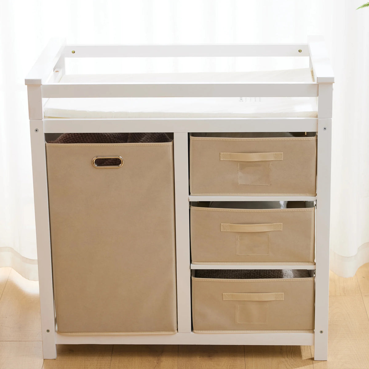SESSLIFE Infant Changing Station with 3 Fabric Drawers & 1 Fabric Bag, Baby Dresser With Changing Table Top for Nursery, Easy Assembly, White