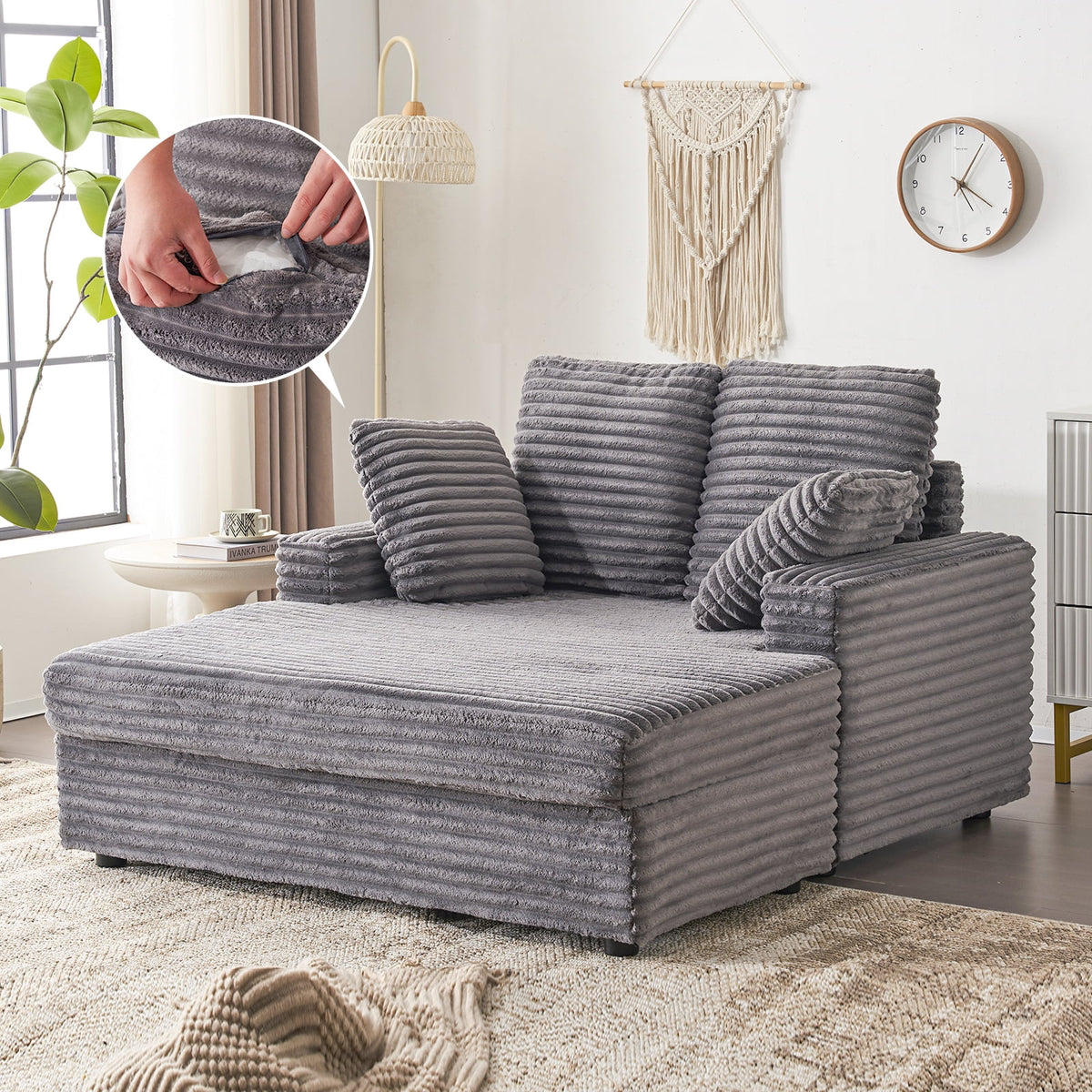 54.25  Chaise Lounge, Plush Corduroy Sofa Chair Bed with Throw Pillows and Armrests, Sleeper Chaise Lounge for Living Room,Dark Gray