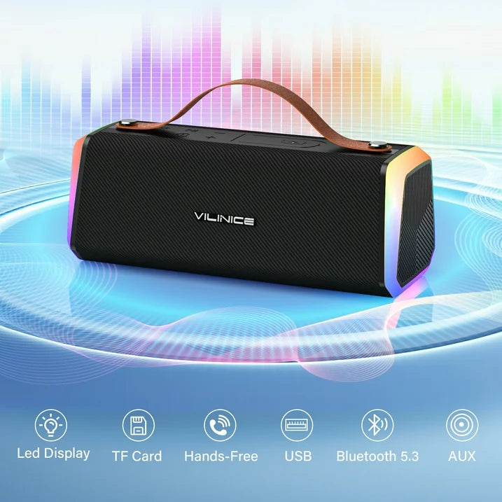 VILINICE Bluetooth Speaker, IPX6 Waterproof Portable Wireless Speaker Outdoor with Handle, RGB Lights, Dual Drivers for Deep Bass  Stereo Sound