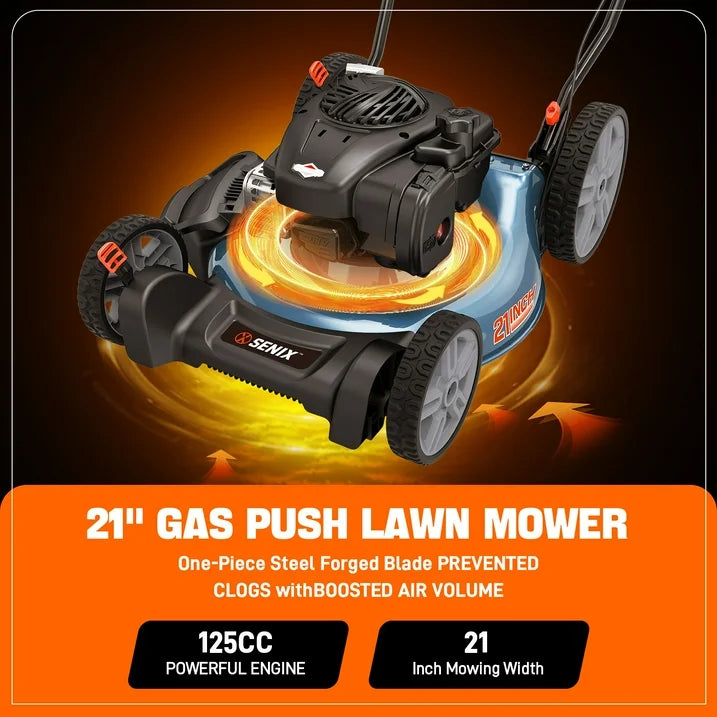 SENI 21  Gas Lawn Mower, 125cc 4 Cycle USA Briggs   Stratton E450 Engine, 2 in 1 Push Mower with 6 Height Adjustments and 11 Rear Wheels