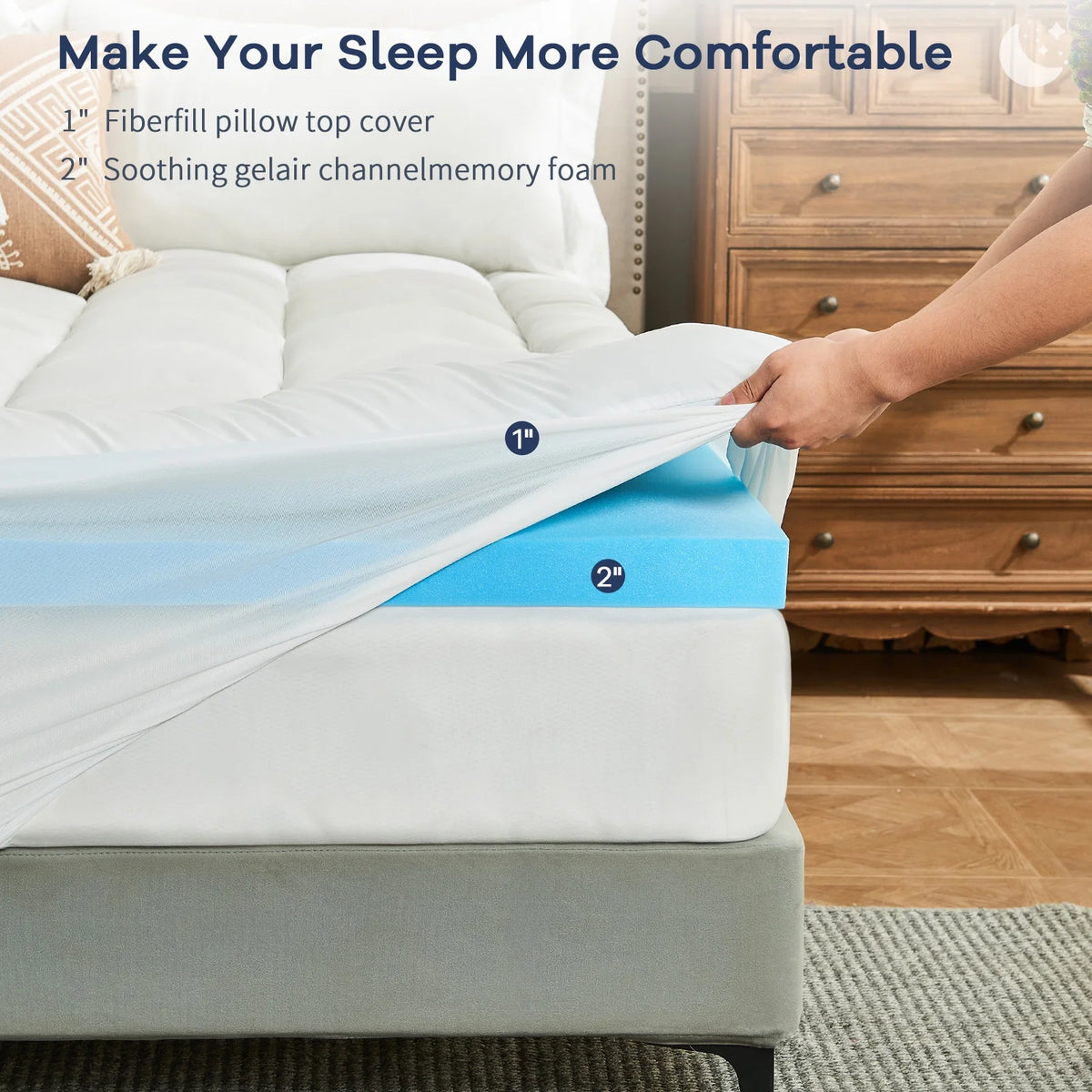 Teler Dual Layer 4 Inch Memory Foam Mattress Topper Queen Size, 2 Inch Cooling Gel Memory Foam Plus 2 Inch Pillow Top Cover