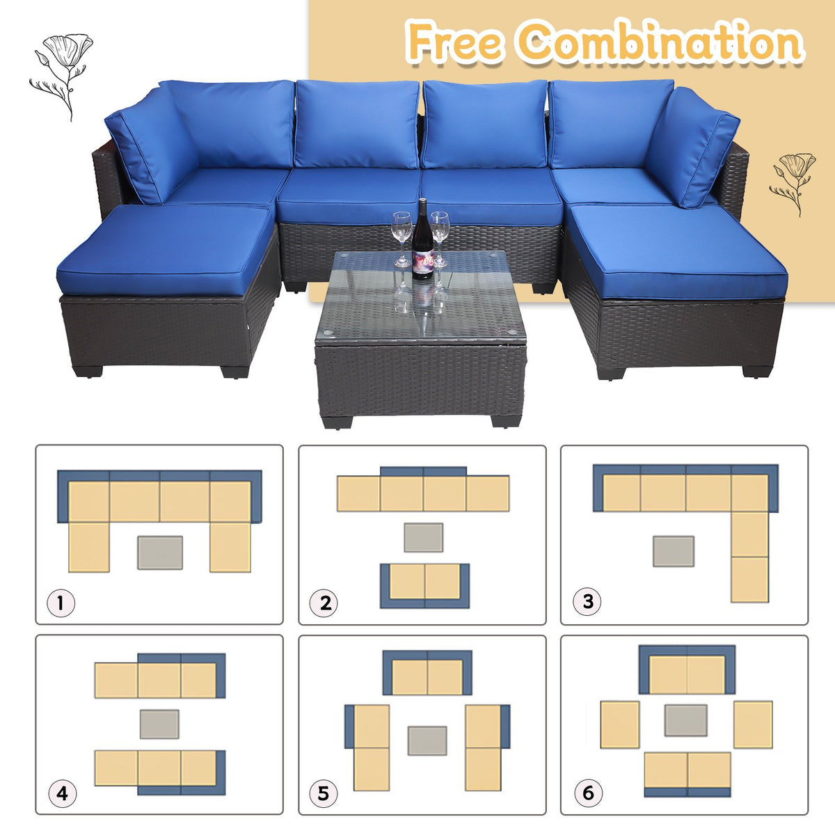 SEGMART Outdoor Patio Conversation Sofa Set, 7PCS Patio Patio Furniture Sets with Coffee Table, All-Weather Wicker Sofa for Patio & Garden w/2 Pillows, Black Wicker + Blue Cushion