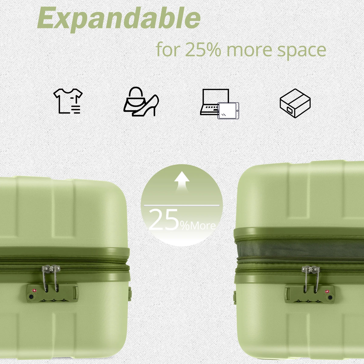 EUROCO 3 Piece Luggage Sets,Expandable ABS Suitcase Sets with TSA Lock and 4 Spinner Wheels,Hardshell Lightweight Luggage Set,Light Green
