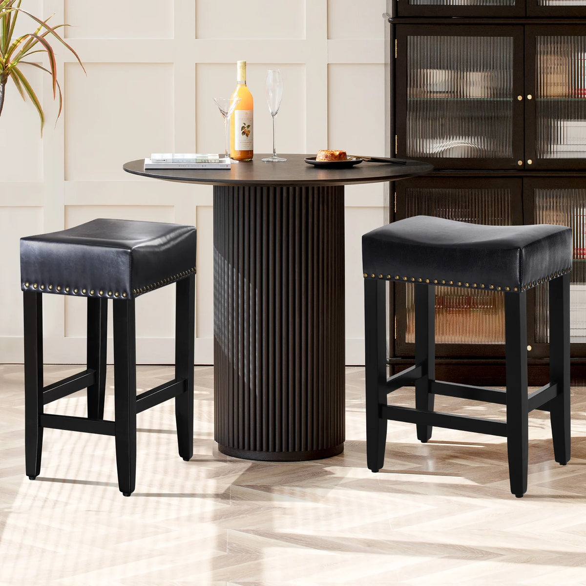 Furniliving Modern Backless Counter Stool Rubber Wood Saddle Seat Stool Kitchen Counter Bar Stool,Set of 2,Black