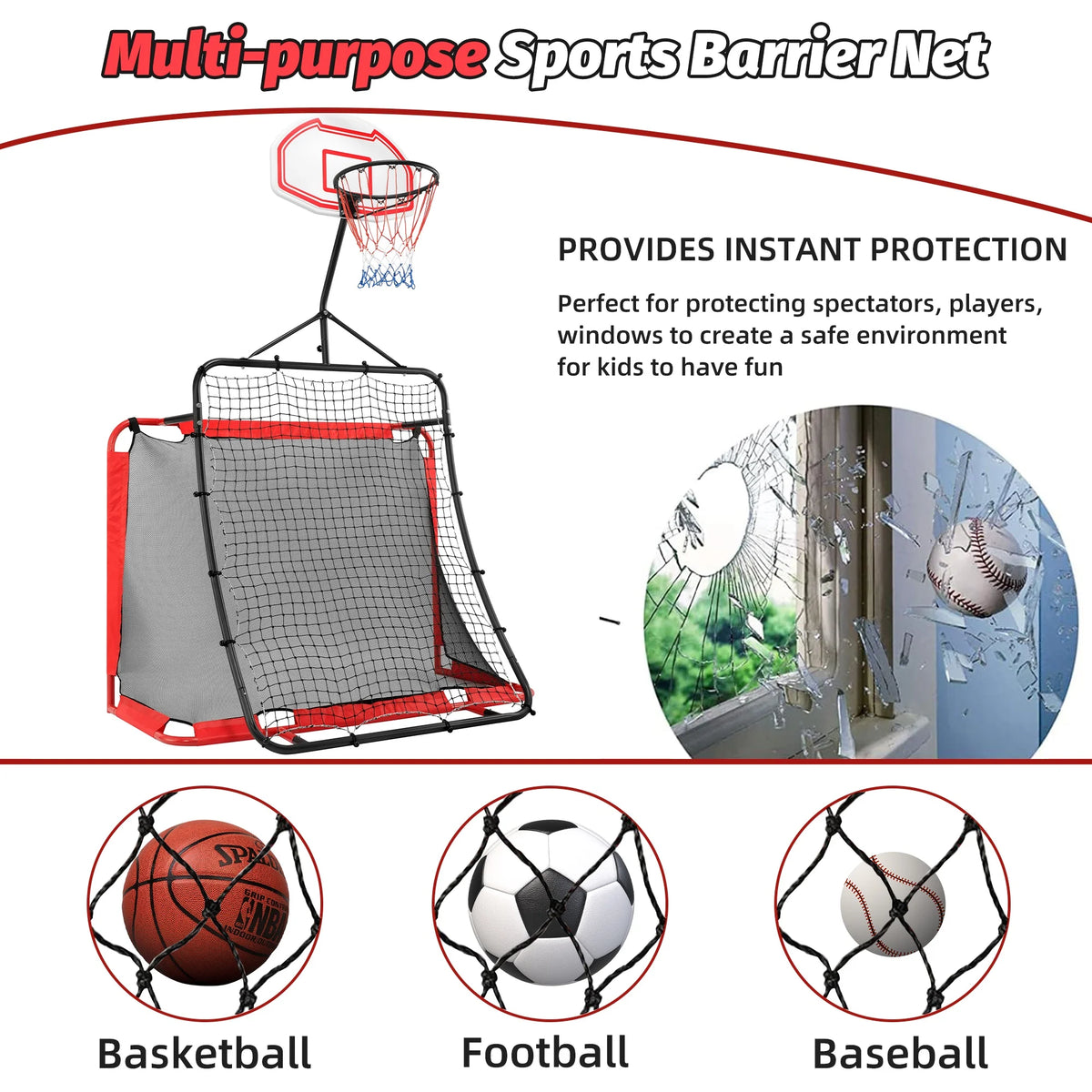 All-in-one Outdoor Sports Set with Football Net, Baseball Net, 3-in-1 Combo Outdoor Sports Center with Soccer Goal, Lacrosse Net, Segmart Heavy-duty Basketball Hoop with Durable Net, Metal Frame